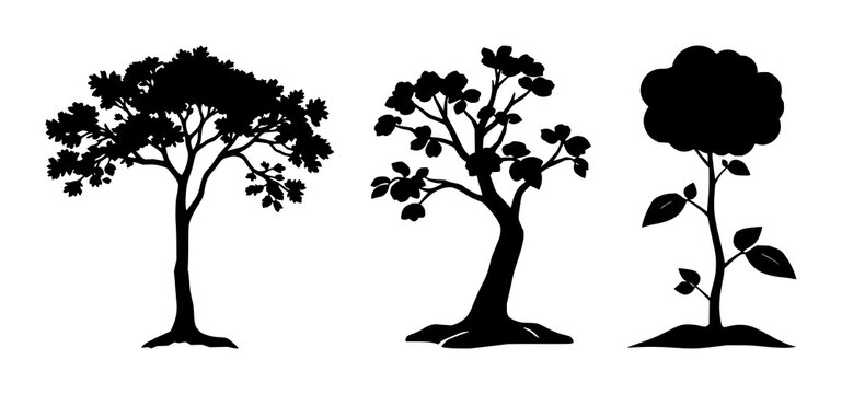 Solid black icon, white background: reforestation tree sapling set with simple line art design featuring line art, illustrations, graphic resources with vector and design elements