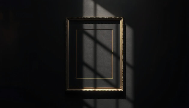 Picture frame displays an empty center for artistic customization while casting sharp geometric window shadows against a dark, minimalist wall surface to provide a sophisticated aesthetic.