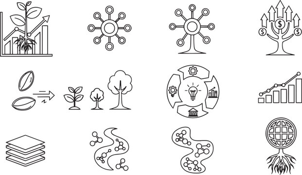 Sustainable Economic Growth and Financial Data Network Linear Icon Set with Tree Graph and Global Root System Elements