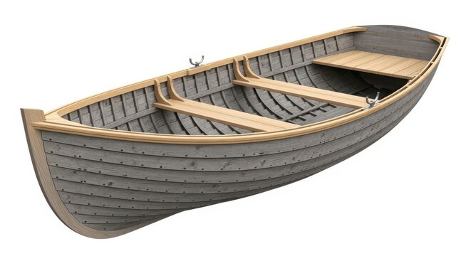 Isolated Wooden Rowboat 3D Render with Weathered Grey Planks and Light Wood Trim on White Background