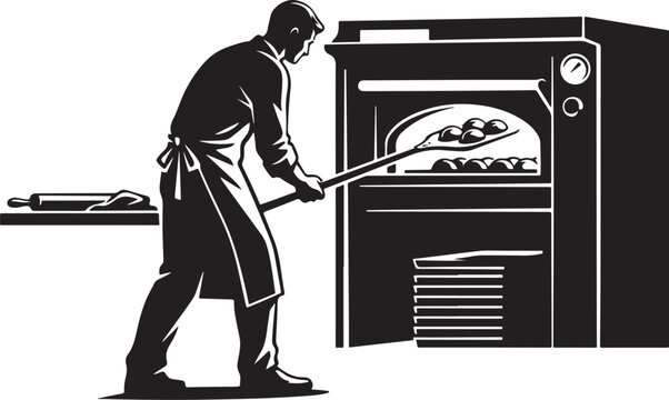 Baker, man in apron putting bread in industrial oven