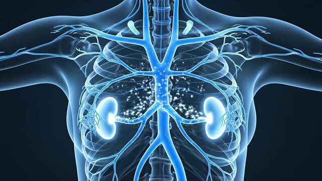 4K Breast Lymph Drainage Medical Concept Visualization Of Lymphatic System Anatomy With Transparent Structure Against Dark Background