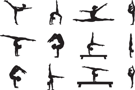 Female Gymnastics Pose Bundle with Acrobat Balance Handstand Split Leap Flexibility and Rhythmic Athlete Set

