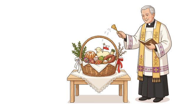 Easter celebration with priest blessing food basket