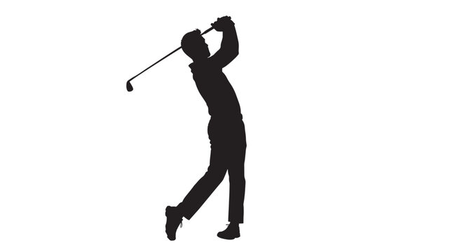 Golfer Silhouette Graphic with Black Swing Pose on White Background for Sports Logo and Banner Design