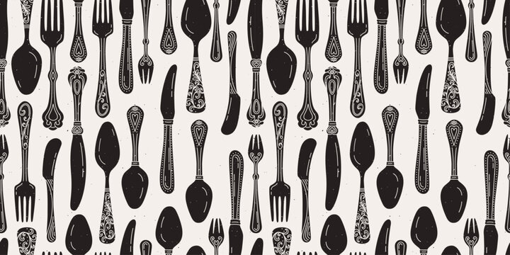 Seamless cutlery pattern with black forks, knives and spoons, ornate handles, small kitchen utensil silhouettes and fine speckles on a light beige background in a repeating vertical arrangement