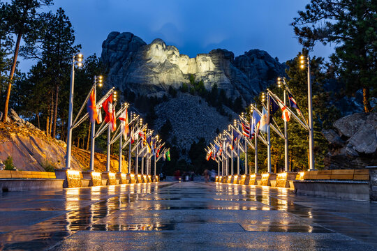 Mount Rushmore State Flags Rainy Night Reflections