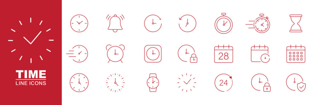 Address icon set, calendar date clock time and location symbols, outline navigation icons, editable stroke vector design elements. Time thin line icon collection for scheduling, productivity and time