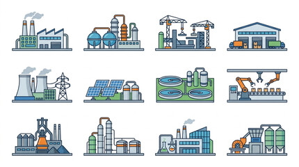 Fototapeta premium Industrial Manufacturing Facilities Icon Set.