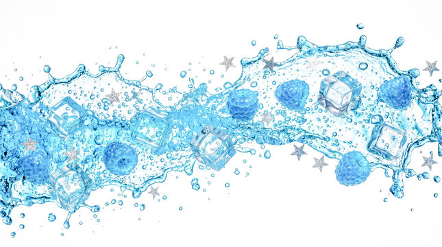 Symmetrical splash explosion of blue raspberry soda with ice and stars.