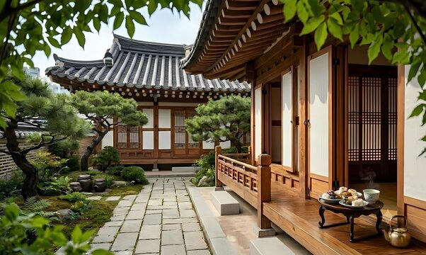 Traditional Korean Hanok veranda with a small wooden table serving rice cakes and tea in a serene courtyard