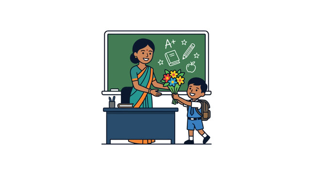 Student gives flowers to teacher in classroom, illustration