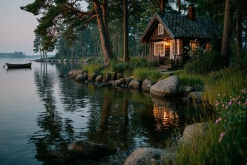Obraz premium Rustic wooden cabin reflection on calm lake shore