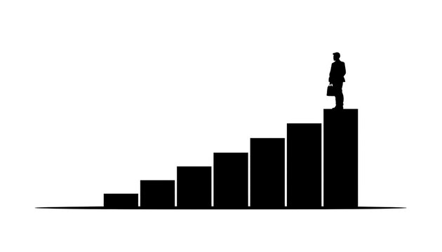 Businessman stands atop a rising bar graph representing professional growth and financial success in a corporate environment that focuses on achieving long term goals and career advancement.