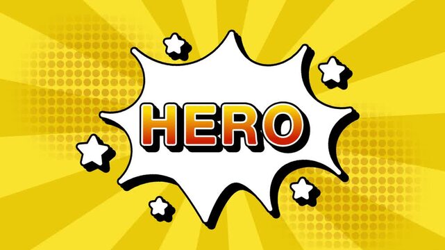 Hero text word lettering popup comic cartoon reveal with bomb and smoke explosion manga anime book page dots with radial speed lines doodle yellow background with seamless loop animation retro