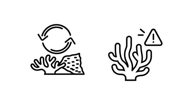 Reef health monitor and coral bleaching alert environmental monitoring icons with bleaching environment monitoring protection preservation ecosystem research analysis information