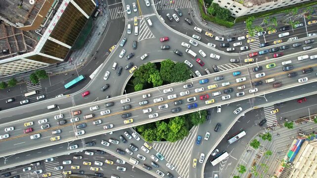 Aerial View of Heavy Traffic at Urban Highway Interchange