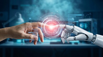 Fototapeta premium Human hand touching robotic AI hand with glowing digital interface, future technology innovation concept