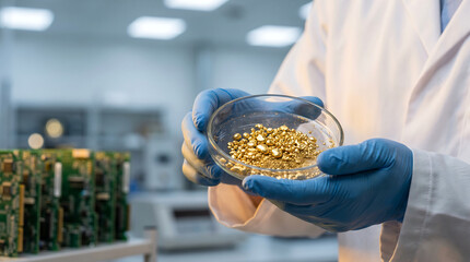 Obraz premium Scientist holding petri dish with gold nuggets in electronics lab
