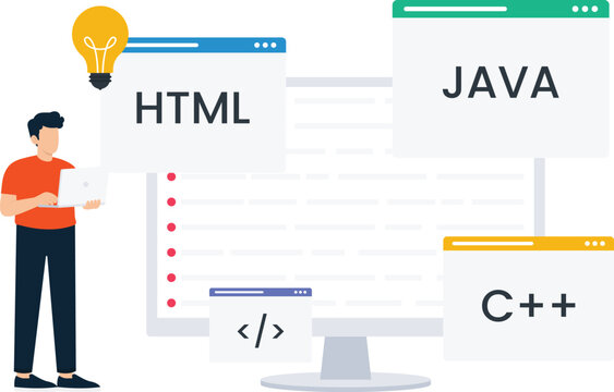 Software developer coding languages web programming digital technology computer screen application development creative solution programming concept online learning flat design