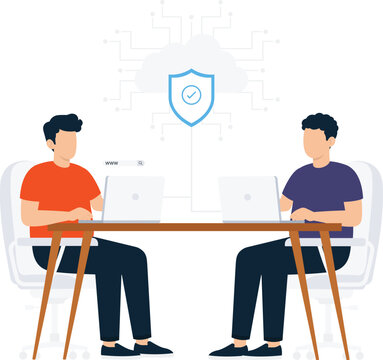 Business people cloud security data protection digital technology remote working online safety internet security network connection team collaboration modern workplace flat design
