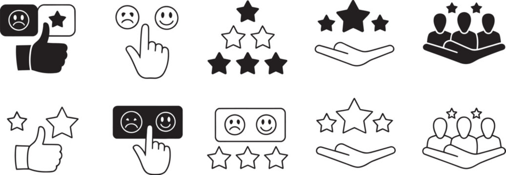 Review, vector illustration collection including customer ratings, feedback forms, satisfaction indicators, likes, and testimonial icons in modern outline style suitable for apps, websites, 