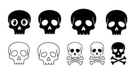 Obraz premium Set of Minimalist Skull Icons and Crossbones Symbols in Various Styles for Graphic Design and Halloween Projects