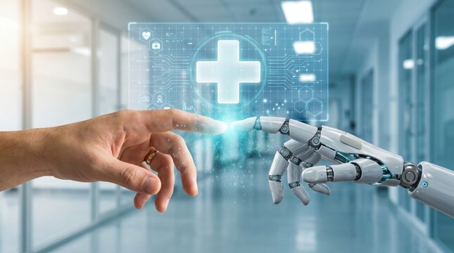 Human hand touching robotic finger in futuristic hospital with holographic medical interface and AI healthcare innovation