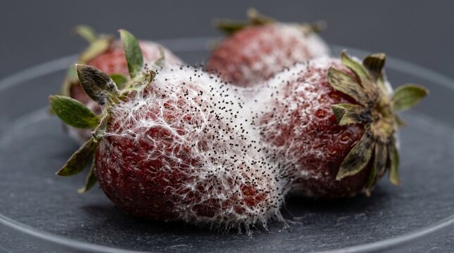 Macro photo of white fuzzy spiderweb mold with black spores growing on spoiled strawberries