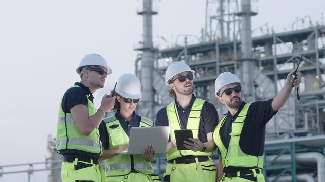 Construction team analyzes blueprints and engineering plans collaboratively at an industrial plant during daylight, utilizing laptop for project discussion and technical review.