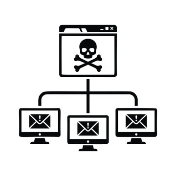 Malware browser window connecting to infected computer monitors vector icon for botnet attacks, phishing email networks, and cyber security concepts.