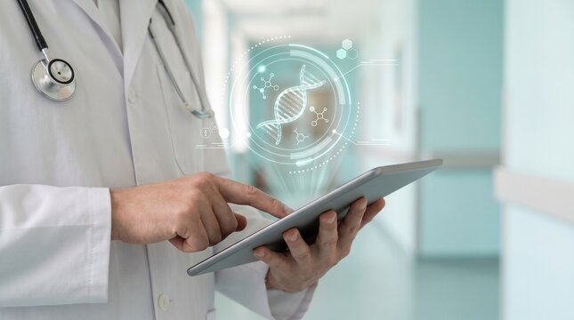 Doctor using digital tablet with futuristic DNA interface for healthcare technology, genetic research, precision medicine