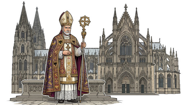 Bishop standing in front of cathedral with ornate staff and mitre