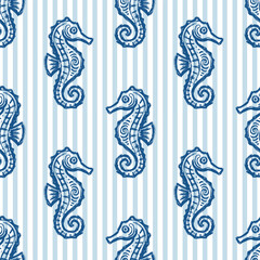 Blue seahorse seamless pattern on a striped field, ideal for nautical and coastal themed decorative design, textile printing, and marine decor projects. © Iryna