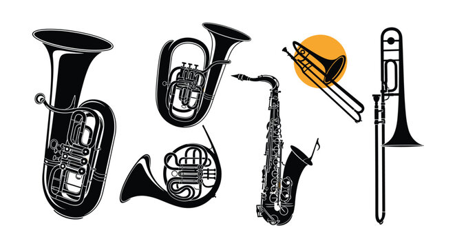 Collection of black and white wind instruments including tuba, french horn, saxophone, and trombone with a yellow accent.