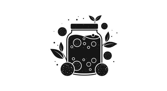 Monochrome black and white design of a preserve jar surrounded by ripe berries and leaves in a textured style.