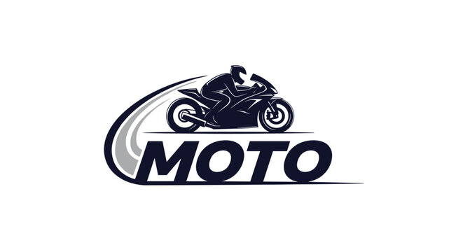 Dynamic black and white motorcycle logo featuring a speeding sport bike rider silhouette and bold text saying moto.