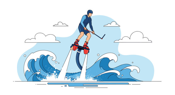 Extreme sport illustration of an athletic man flyboarding over huge ocean waves under a cloudy sky background.