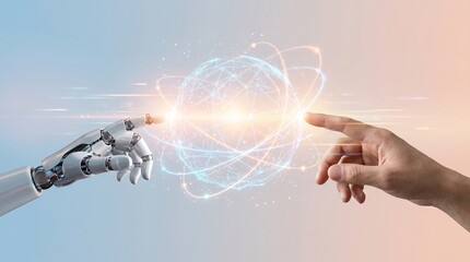 Robot and human hands touching glowing digital network sphere, AI collaboration and future technology concept © 7IMJAGO