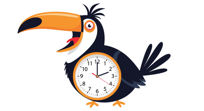 Funny cartoon toucan bird with a round analog clock face as its body, showing two o clock on a white background.