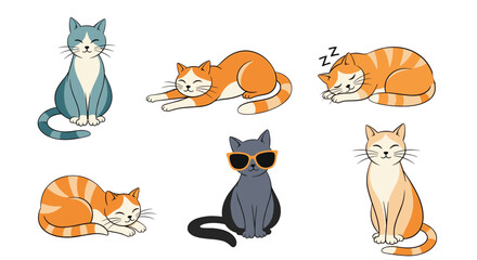 Fototapeta premium Collection of cute cartoon cats in various poses including stretching, sleeping, sitting calmly, and wearing cool orange sunglasses.