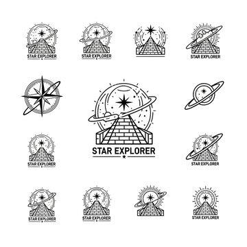 Cosmic Exploration Icons: Pyramid, Planet, Compass, Star - Vector Line Art