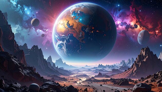 Vast Alien Planet Rising Above Rocky Desert Valley Under Colorful Nebula Sky