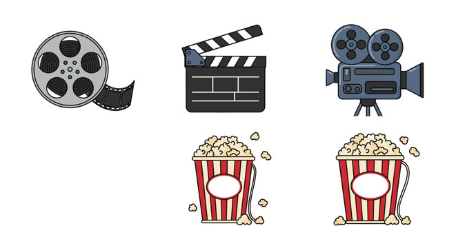 Classic cinema elements sticker set including vintage film roll, clapperboard, movie camera, and striped popcorn boxes.