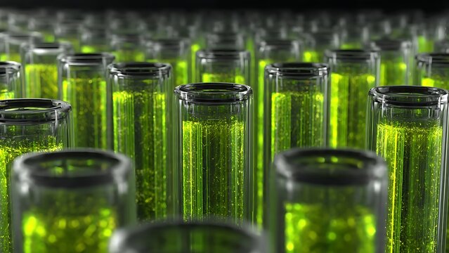 Transparent Bioreactor Tube Network Flowing with Bright Green Algae Liquid