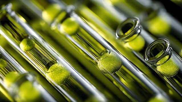 Transparent Bioreactor Tube Network Flowing with Bright Green Algae Liquid