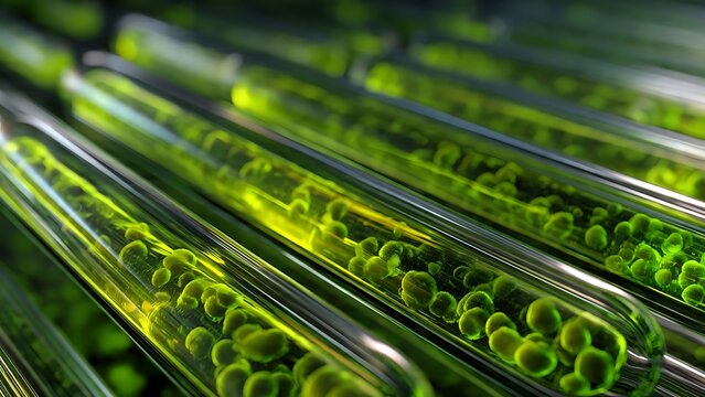 Transparent Bioreactor Tube Network Flowing with Bright Green Algae Liquid