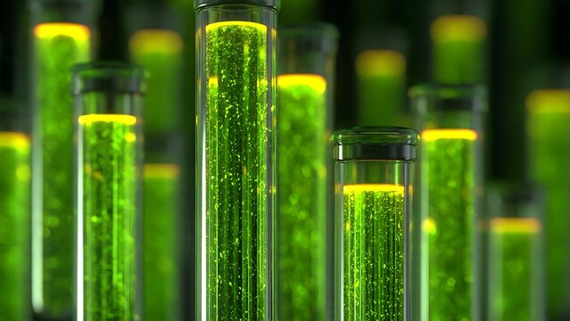 Transparent Bioreactor Tube Network Flowing with Bright Green Algae Liquid
