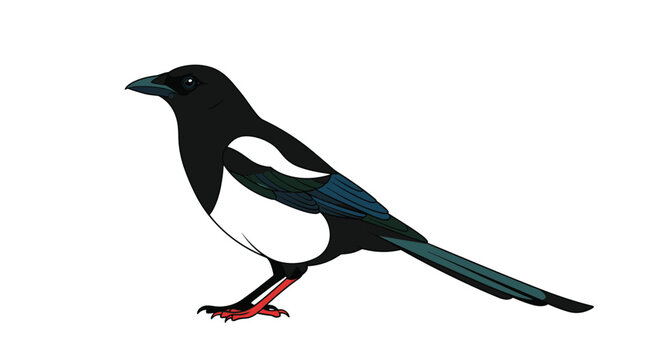 Detailed vector illustration of a magpie bird standing in profile view showing black and white feathers on white background.