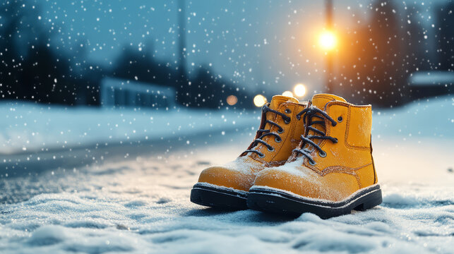 Abandoned boots in deep snow create serene winter scene under soft snowfall